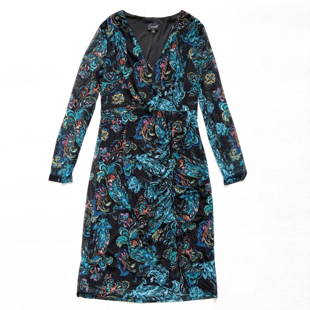 Connected Apparel Dress Paisley Mesh Ruched Sheath Size 16 Black Teal